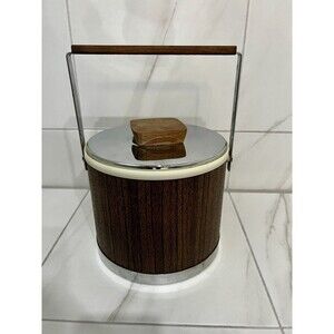 Vintage Mid Century KROMEX Walnut & Chrome Steel Ice Bucket